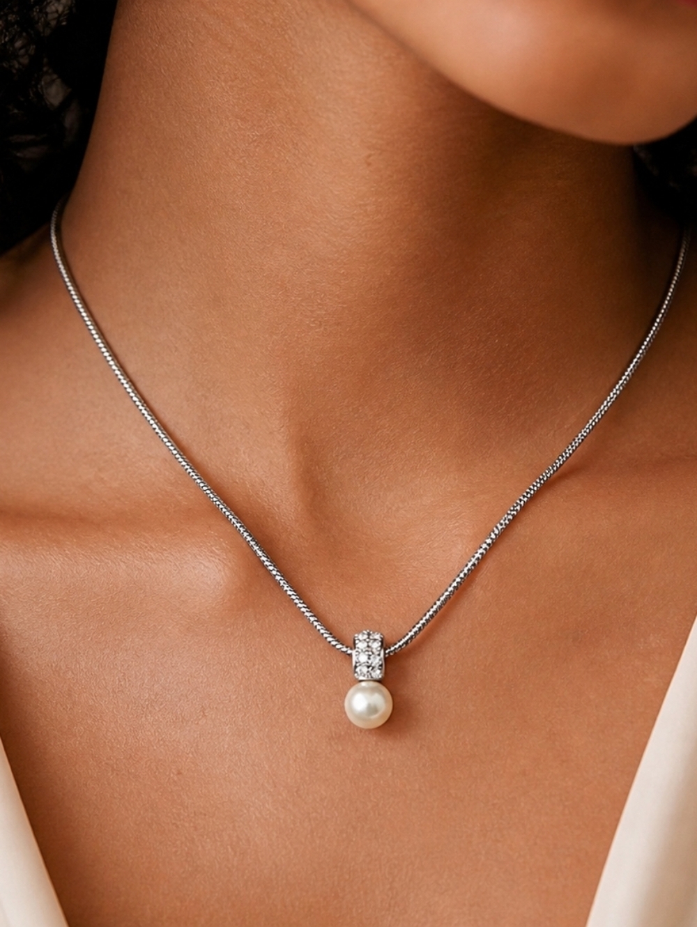 Dior Silver Chain Necklace with White Pearl and Pave Accent